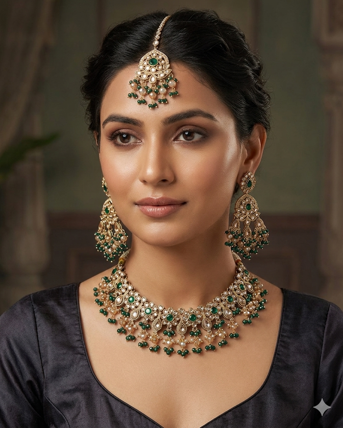 Green - Large Size Antique Gold Finish Necklace Set with Earrings & Head Piece - Bollywood - AE2513 08KK25
