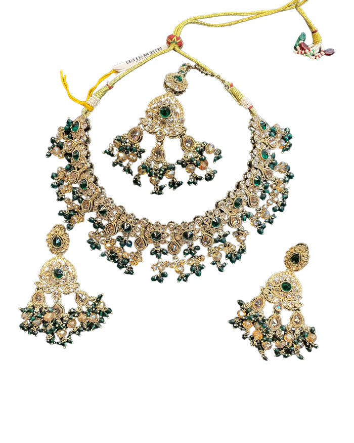 Green - Large Size Antique Gold Finish Necklace Set with Earrings & Head Piece - Bollywood - AE2513 08KK25