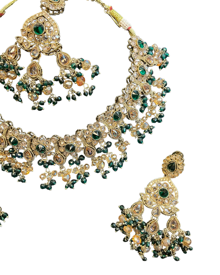 Green - Large Size Antique Gold Finish Necklace Set with Earrings & Head Piece - Bollywood - AE2513 08KK25