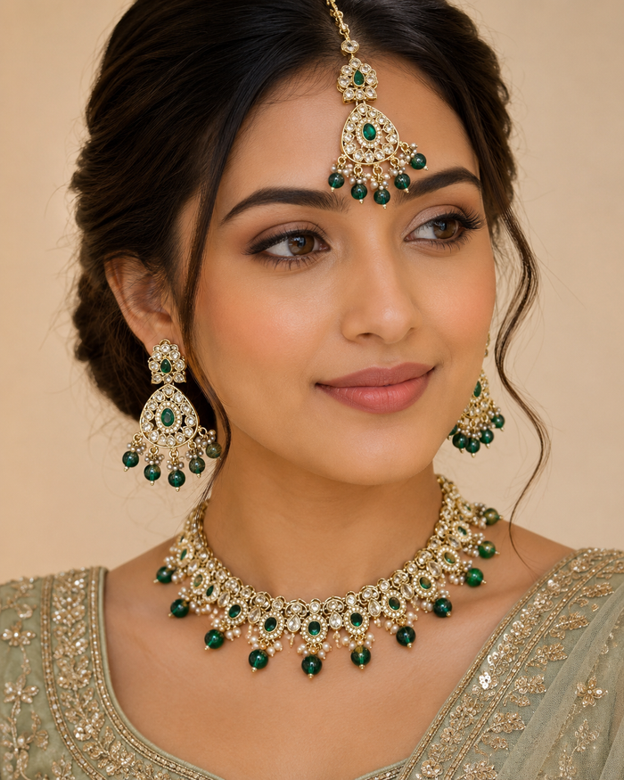 Green - Large Size Antique Gold Finish Necklace Set with Earrings & Tika (Head Piece) - UK Stock - JIG86 08C25