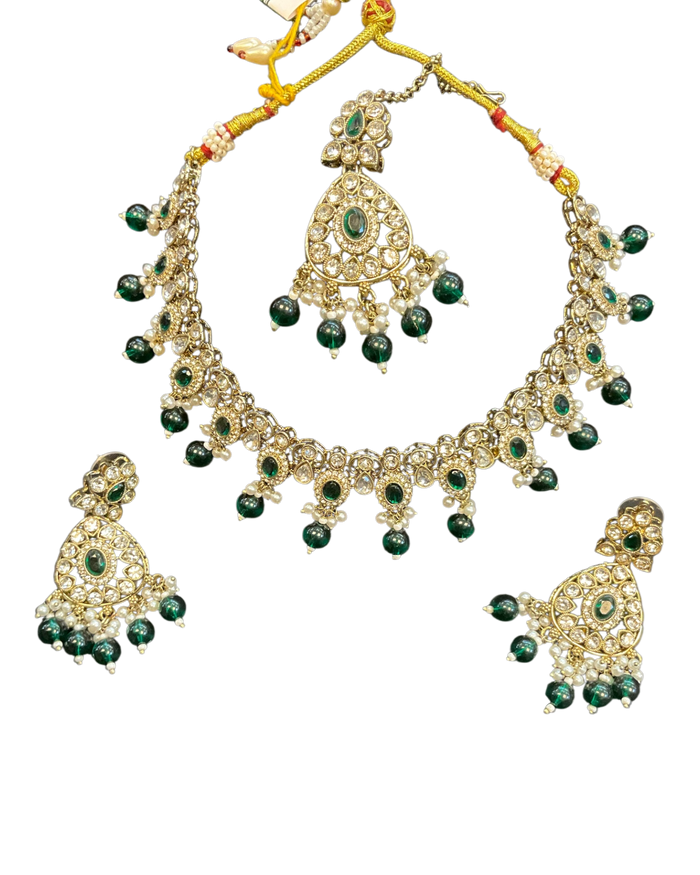 Green - Large Size Antique Gold Finish Necklace Set with Earrings & Tika (Head Piece) - UK Stock - JIG86 08C25