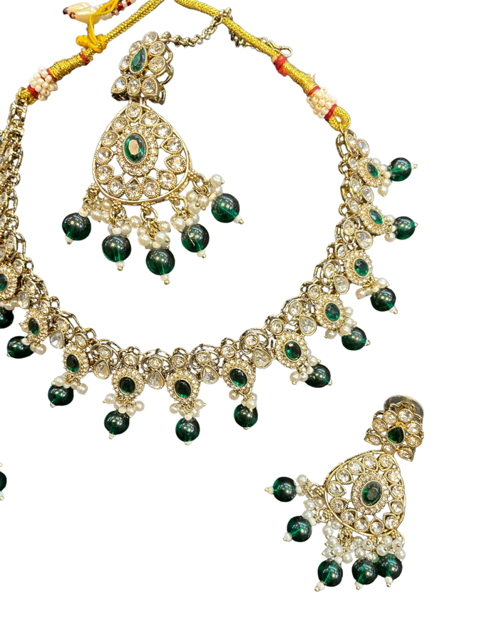 Green - Large Size Antique Gold Finish Necklace Set with Earrings & Tika (Head Piece) - UK Stock - JIG86 08C25