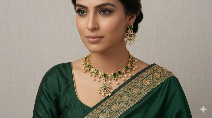 Green - Medium - Antique Gold Finish Necklace Set with Earrings & - AE2523 08KY25