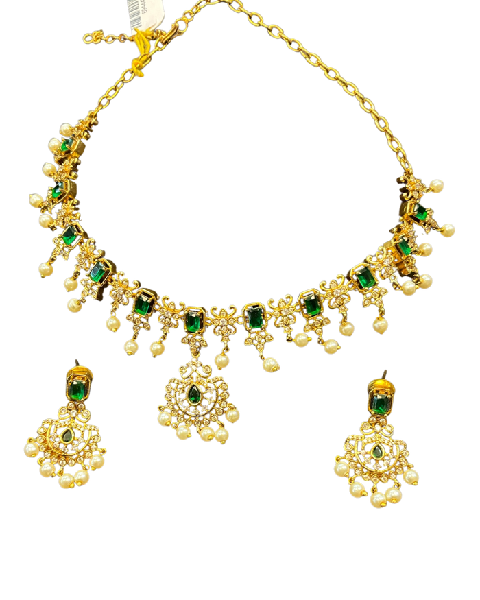 Green - Medium - Antique Gold Finish Necklace Set with Earrings & - AE2523 08KY25