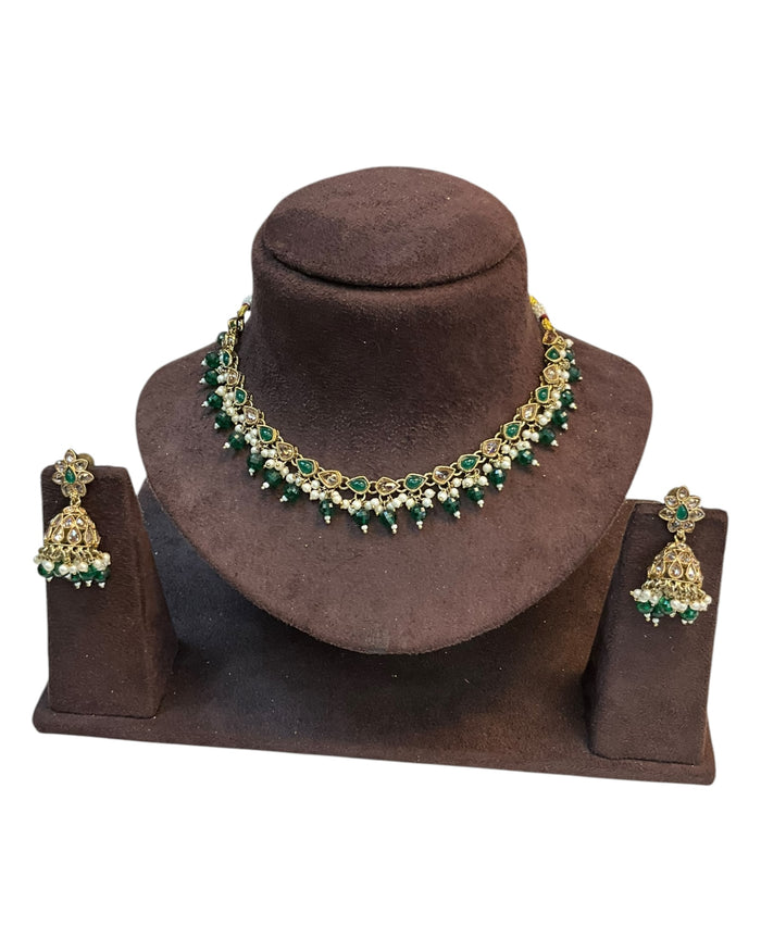 Green - Medium Size Antique Gold Finish Necklace Set with Earrings - RAK375 Pp