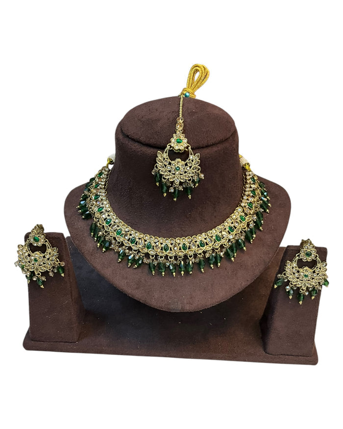 Green - Medium Size Antique Gold Finish Necklace Set with Earrings - RZ31 KYp