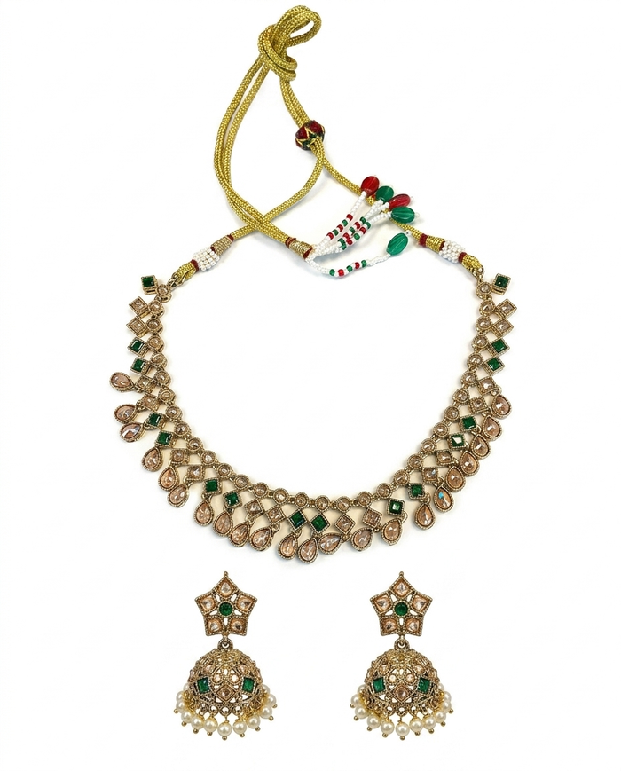 Green - Medium Size Antique Gold Finish Necklace Set with Earrings - SJ06 08H25