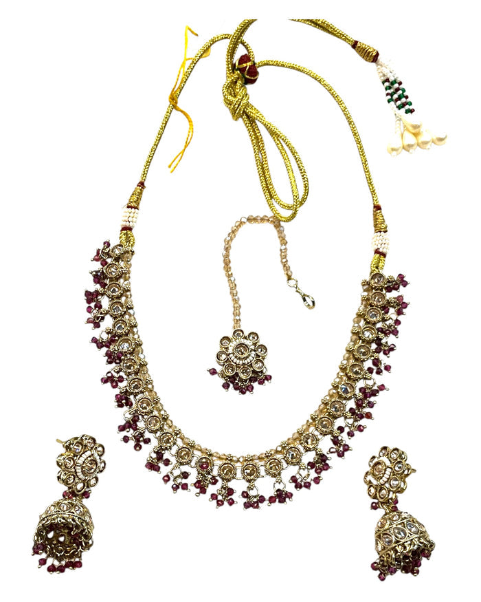 Green - Medium Size Antique Gold Finish Necklace Set with Earrings & Head Piece - RAK417 08R25