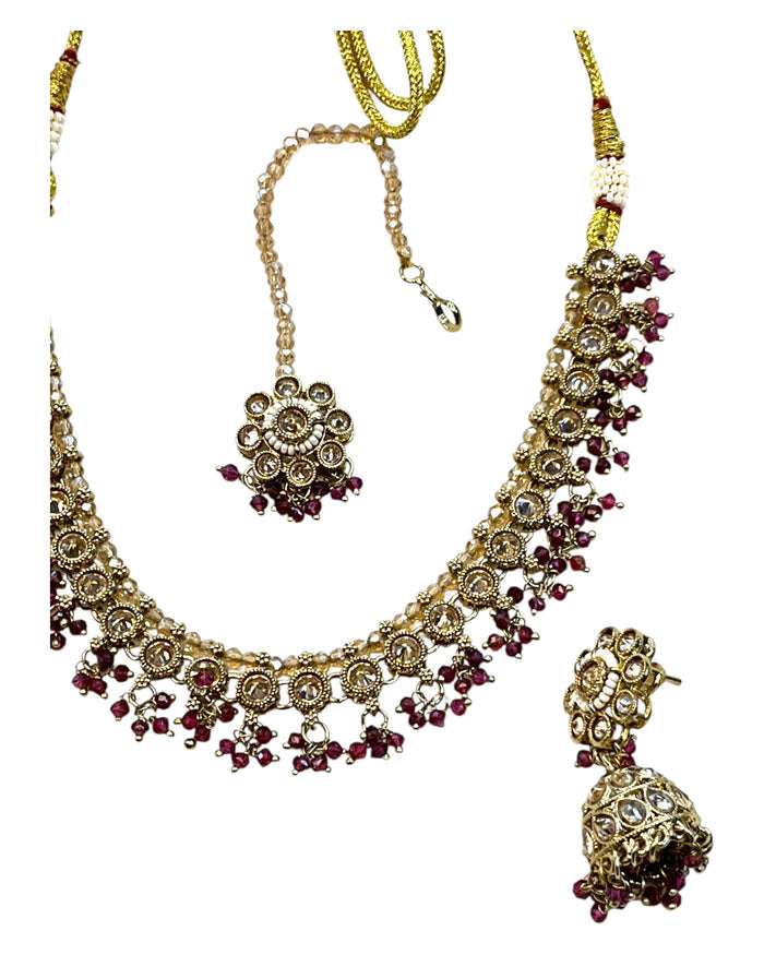 Green - Medium Size Antique Gold Finish Necklace Set with Earrings & Head Piece - RAK417 08R25