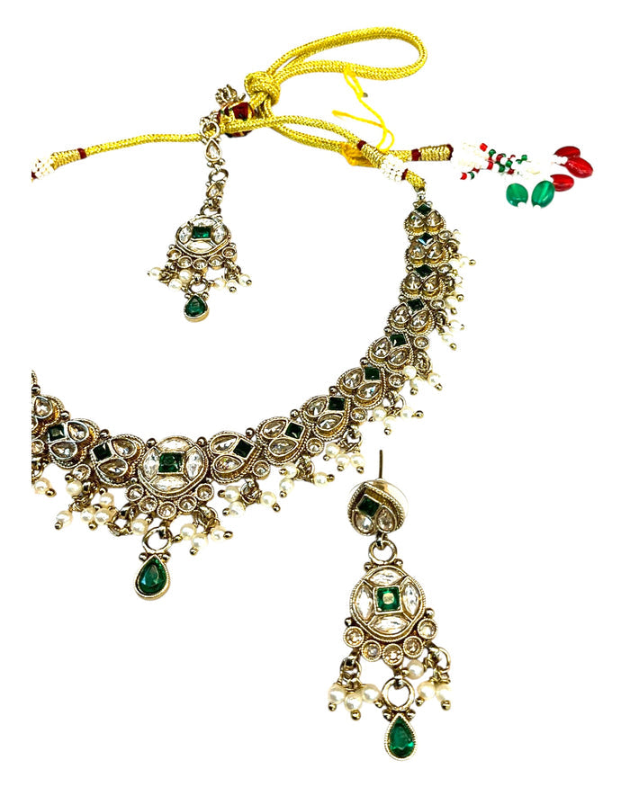 Green - Medium Size Antique Gold Finish Necklace Set with Earrings & Tika Head piece - SAJ04  08C25