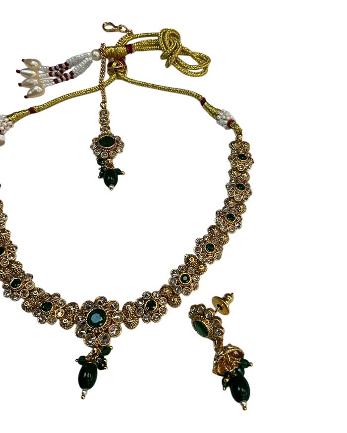 Green - Medium Size Gold Finish Necklace Set with Earrings & Head Piece - SLV90 04Cp26