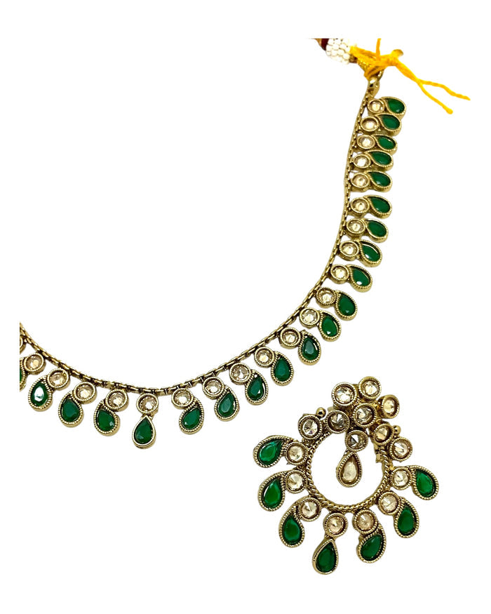 Green - Small Size Antique Gold Finish Necklace Set with Earrings - Bollywood - AE2519 08C25