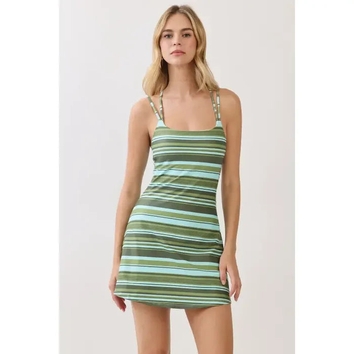 Green Stripe Print Athleisure Dress with Built-in Shorts