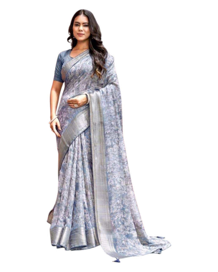 Grey - Crepe Printed Saree with Blouse Piece - KASVRI 102 10KK25