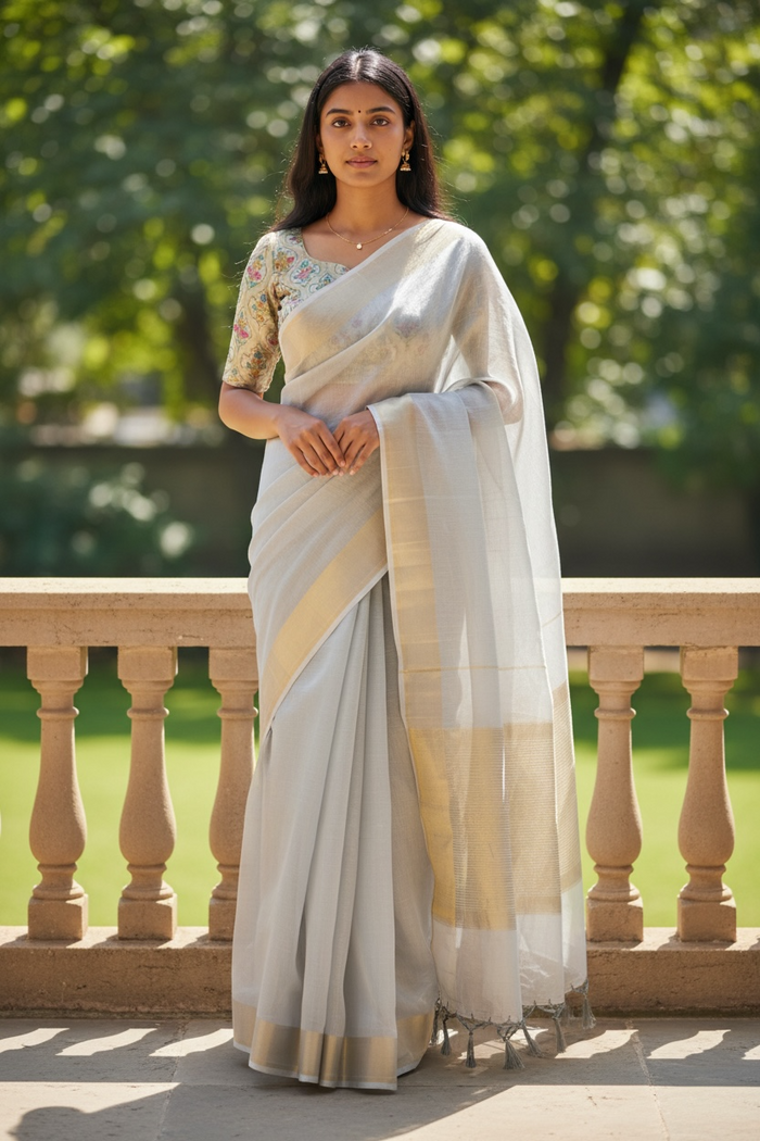 Grey - Fancy Cotton Silky Saree with Brocade Blouse Piece - UK Stock - 2/3 days Delivery  12KP25 RT411005