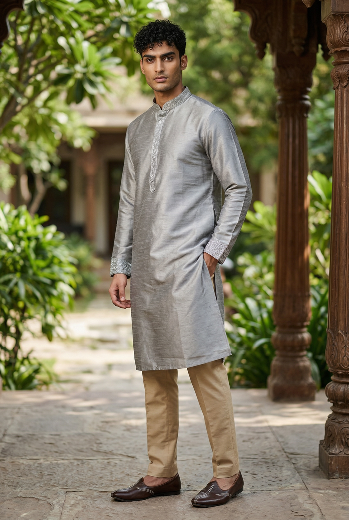 Grey - Silky -  Mens Indian Kurta set - Weddings / Walimas , Sangeet, Eid, Mehndi / Henna - NAD2511 01KJ25
