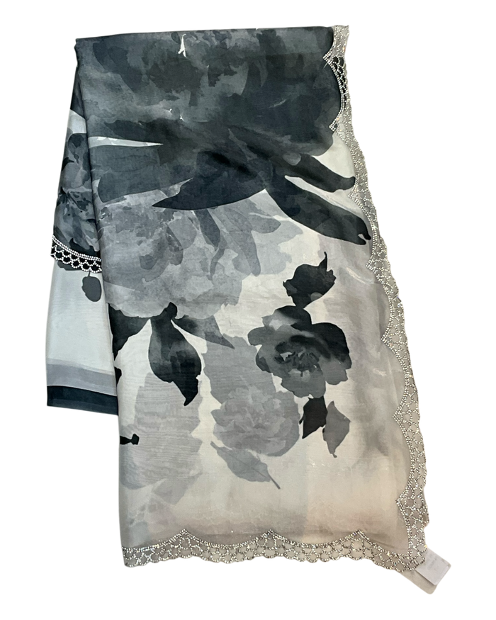 Grey Floral - Classic Satin Crepe Saree with Stone Work and Blouse Piece - UK stock - 24hr Dispatch - RS2535 VR