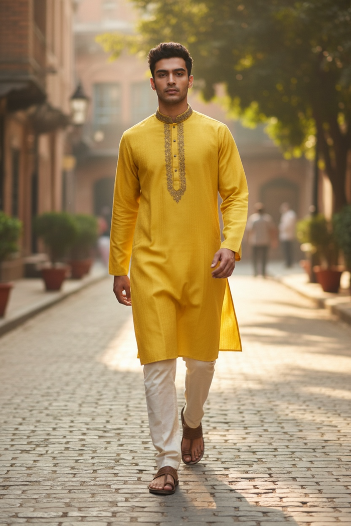 Haldi / Yellow - Self Brocade - Gold Thread Work Mens Kurta Set - Sangeet Mehendi Haldi - KCS2995 03KC26
