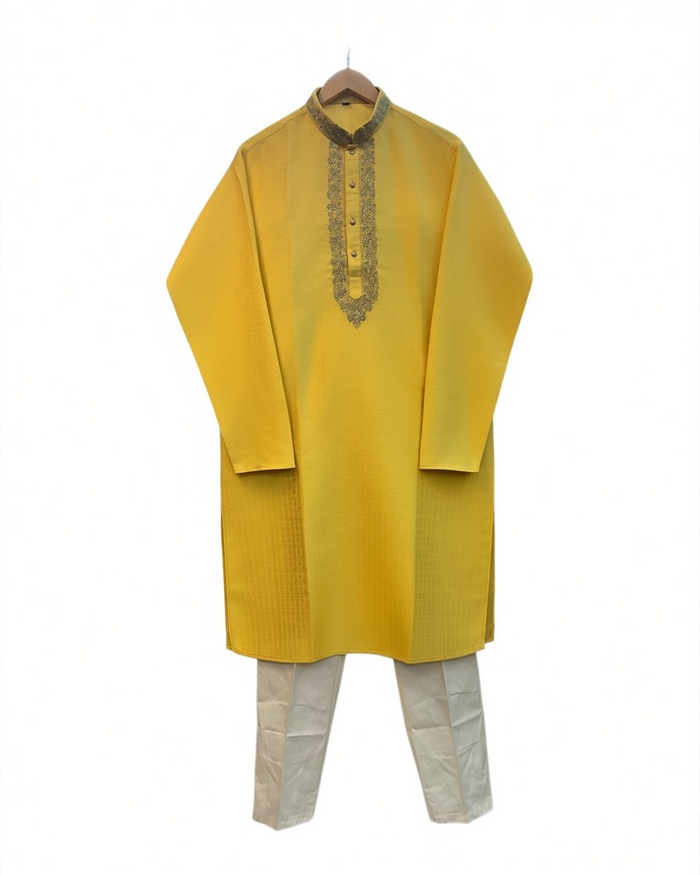 Haldi / Yellow - Self Brocade - Gold Thread Work Mens Kurta Set - Sangeet Mehendi Haldi - KCS2995 03KC26