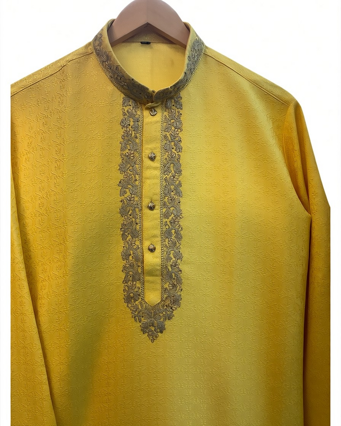 Haldi / Yellow - Self Brocade - Gold Thread Work Mens Kurta Set - Sangeet Mehendi Haldi - KCS2995 03KC26