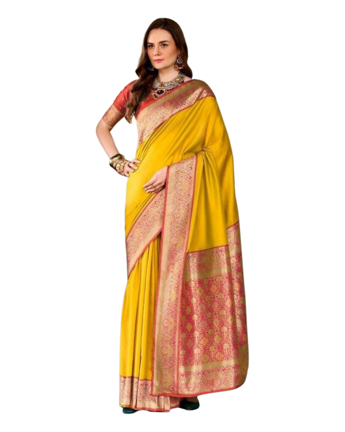 Haldi Yellow - Traditional Silky Handloom Banarasi Saree with Blouse Piece -  12KH25 RP392