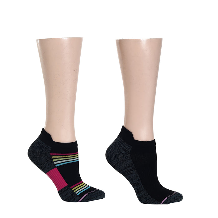 Ankle compression socks featuring a black base with colorful striped and solid panels.