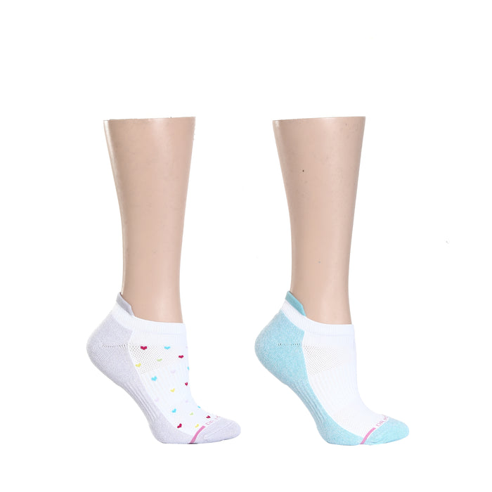 Ankle compression socks featuring a white design with colorful hearts and a blue accent on one sock.