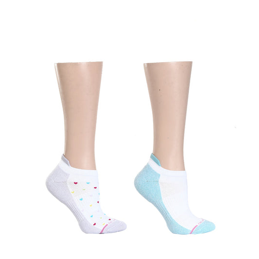 Ankle compression socks featuring a white design with colorful hearts and a blue accent on one sock.