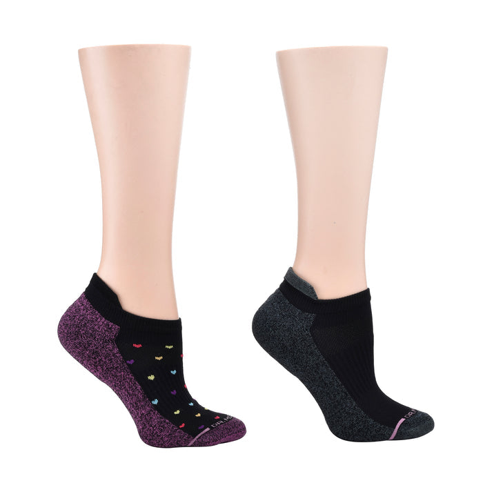 Ankle compression socks in black with colorful heart patterns and a solid black pair, displayed on mannequin legs.