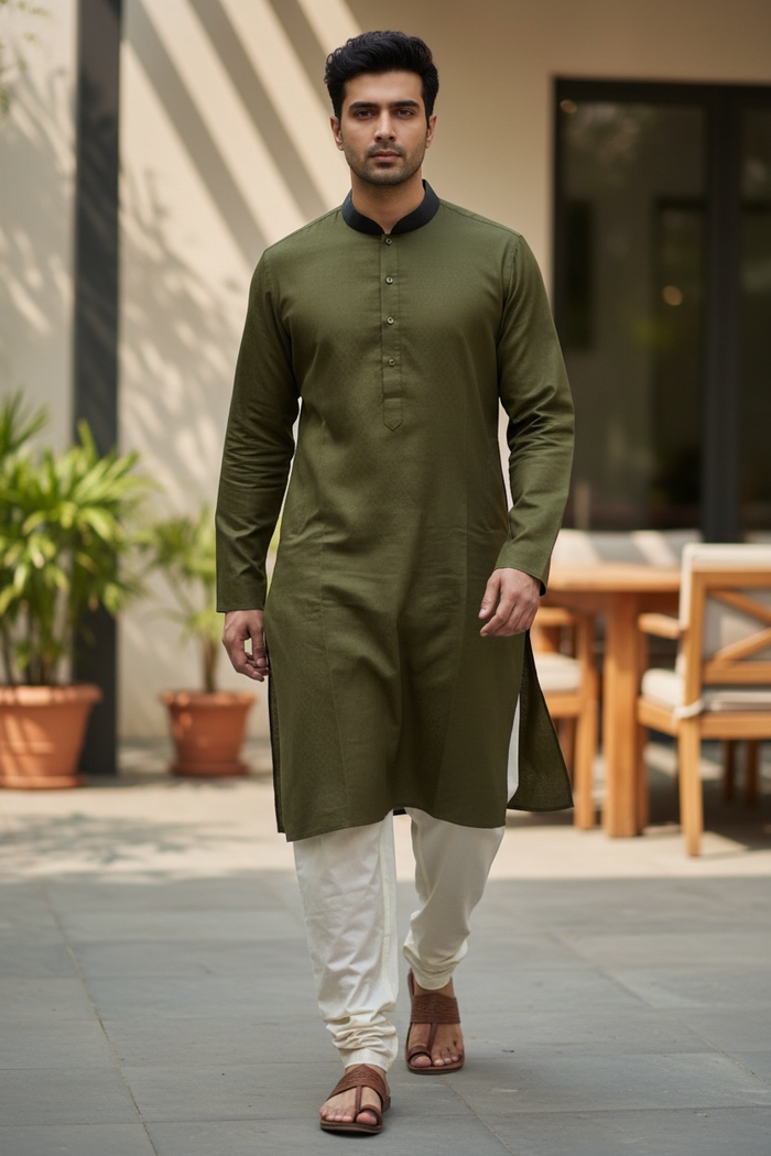 Henna / Mehndi Green - Soft Cotton Self Woven Mens Kurta Set - Sangeet Mehendi Haldi - KCS1263 03KJ26