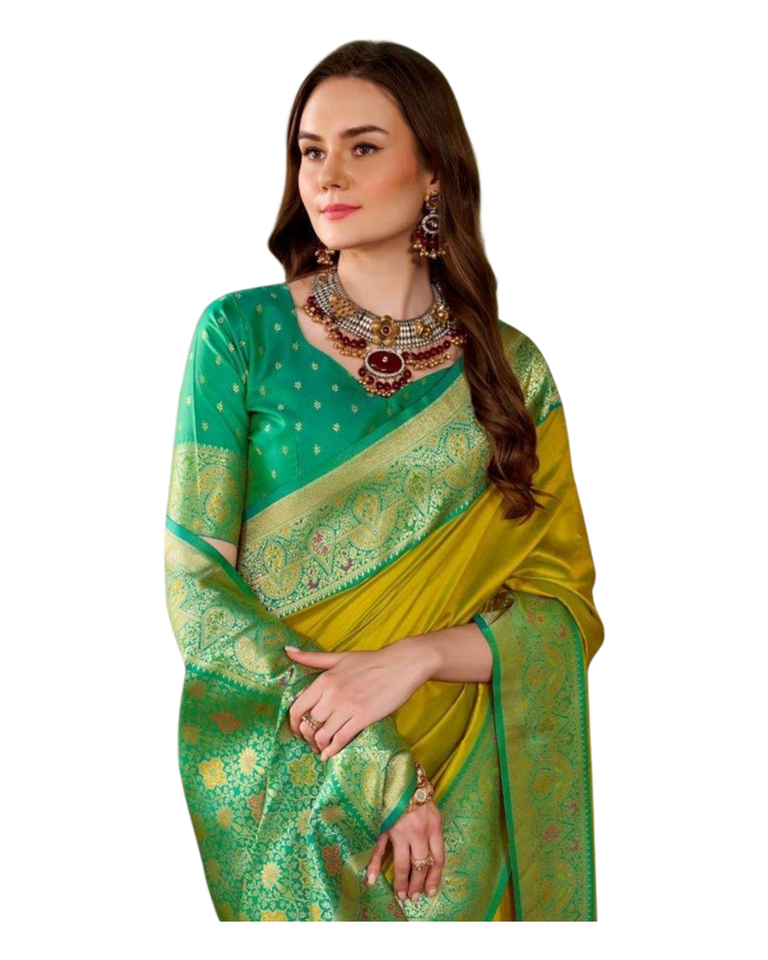 Henna Yellow - Silky Handloom Banarasi Saree with Blouse Piece -  12KH25 RP387