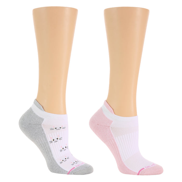 Ankle compression socks in gray and pink, featuring a cat design on the gray pair.