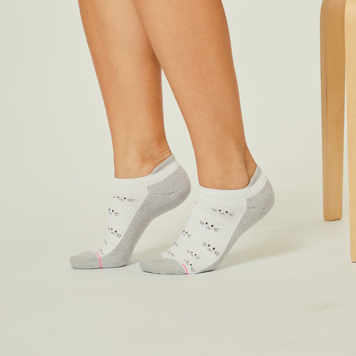 Ankle compression socks with a cat pattern, featuring a white and gray color scheme.