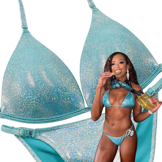 Hologram Aqua Jade Fit Model Competition Suit in blue for NPC bikini competition suit and Fit Model competition suit