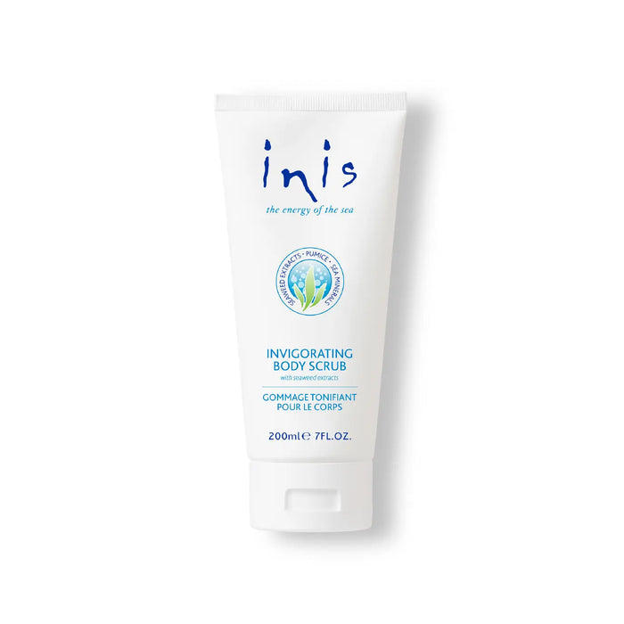 A white squeeze tube of Inis Invigorating Body Scrub on a white background.
