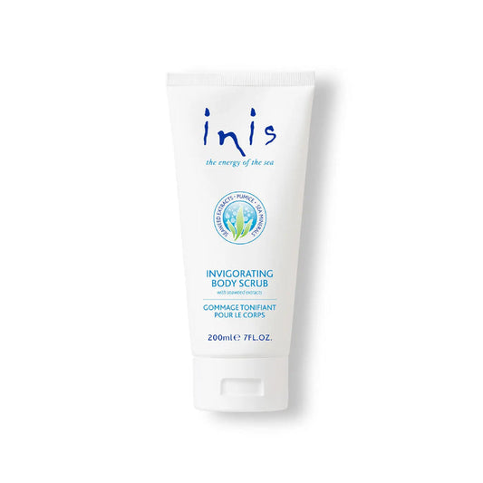 A white squeeze tube of Inis Invigorating Body Scrub on a white background.