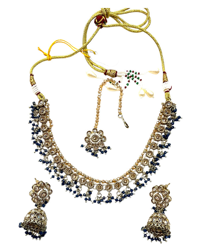 Jade Green - Medium Size Antique Gold Finish Necklace Set with Earrings & Head Piece - RAK417 08R25