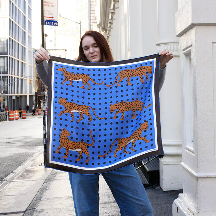 Jessie Zhao New York Double Sided Silk Scarf in Blue Leopards Garden