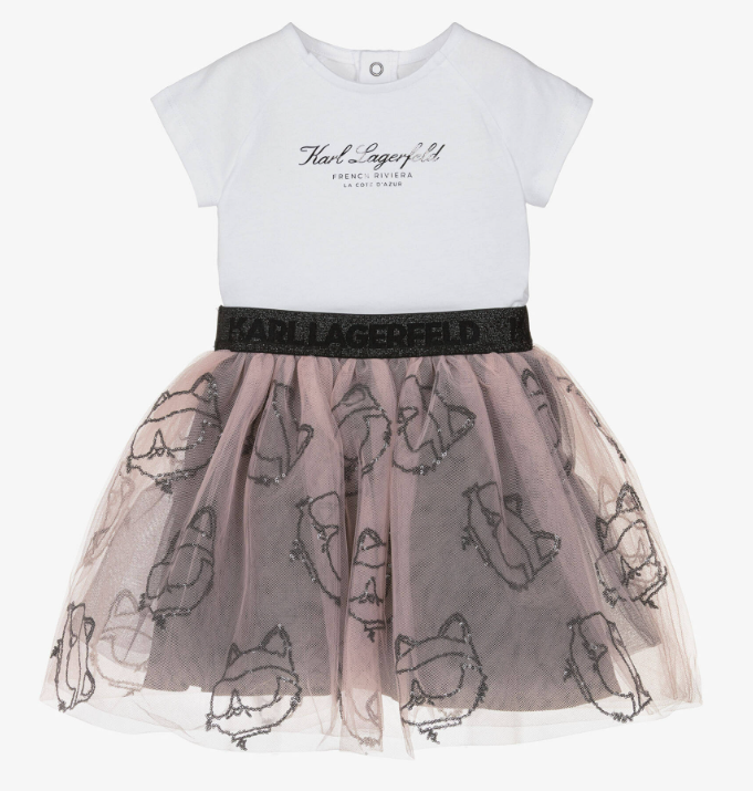 KARL LAGERFELD Girls White Jersey & Pink Tulle Choupette Skirt Set
