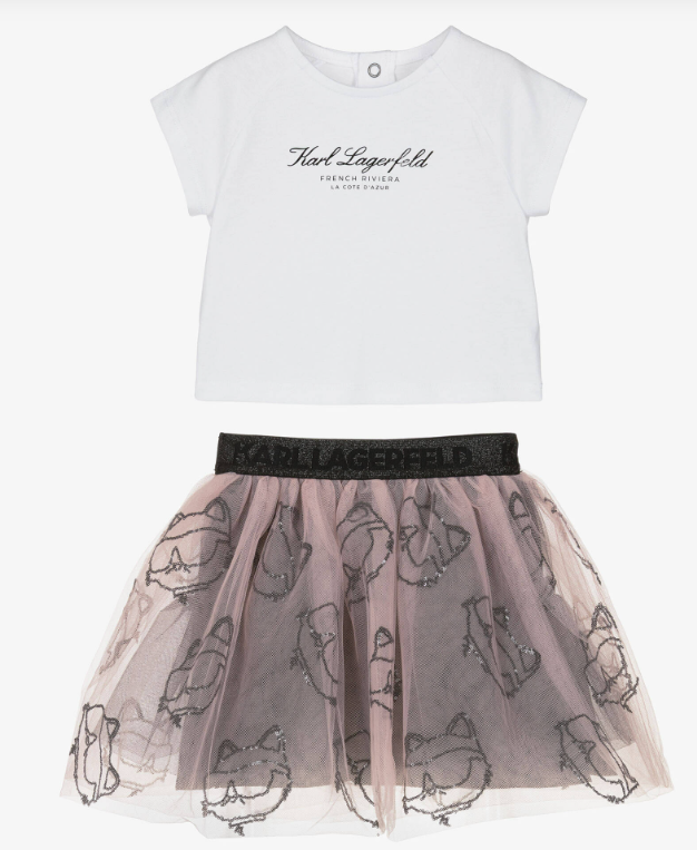 KARL LAGERFELD Girls White Jersey & Pink Tulle Choupette Skirt Set