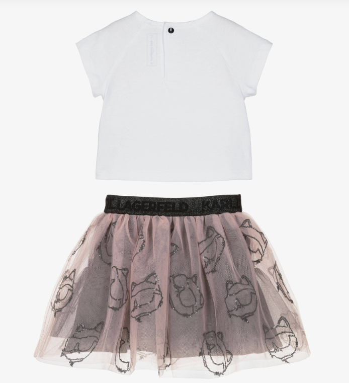 KARL LAGERFELD Girls White Jersey & Pink Tulle Choupette Skirt Set