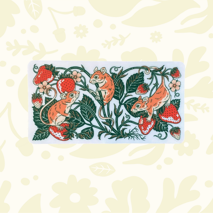 Kate O’Hara Mice and Strawberries Nalgene Sticker: clear vinyl, cute mice with strawberries and leaves, perfect for bottles.