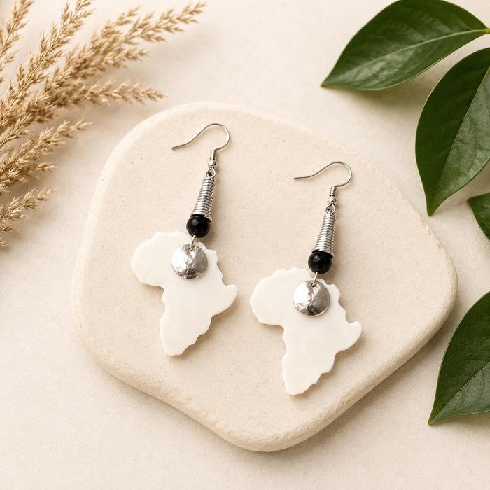 Kenyan Africa Silhouette Earrings – Cow Bone, Brass & Bead
