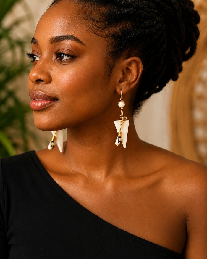 Kenyan Africa Statement Earrings - Bone and Brass