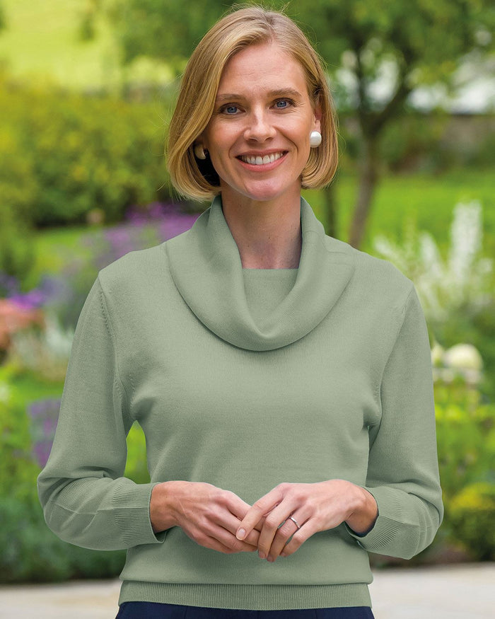 Merino Wool Cowl Neck Jumper - Sage - Country Collection