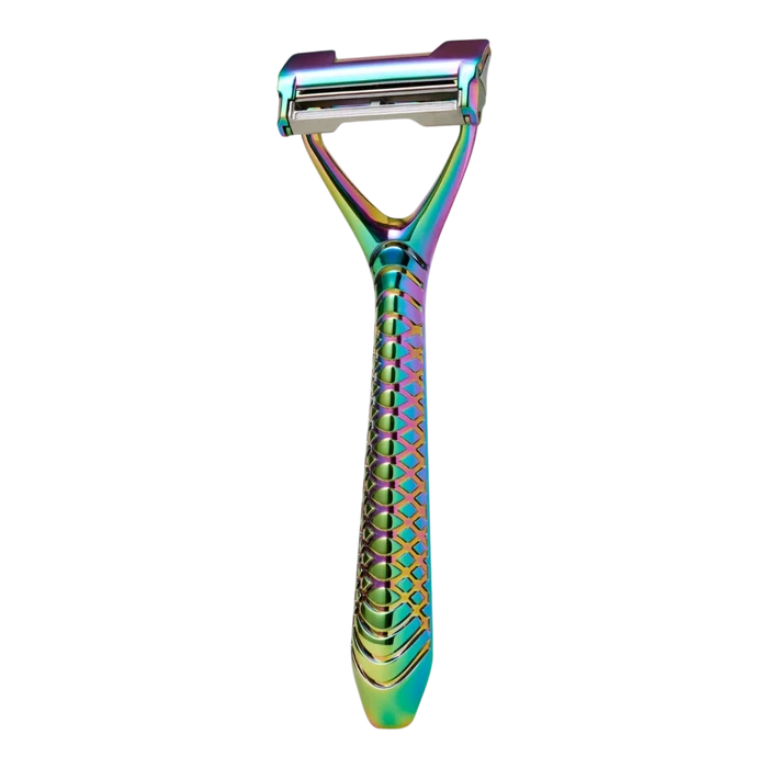 Regnbuefarget Leaf Shave Leaf Two barberhøvel med iriserende overflate og lukket kam