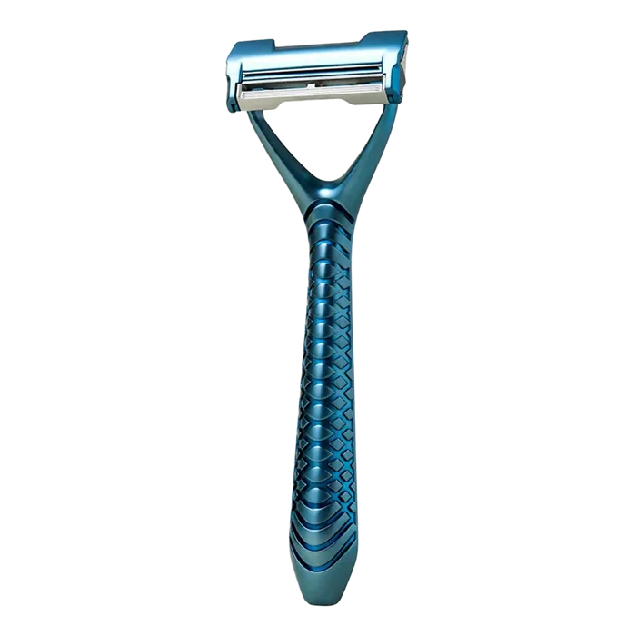 Blå Leaf Shave Leaf Two barberhøvel med teksturert skjellmønster og lukket kam