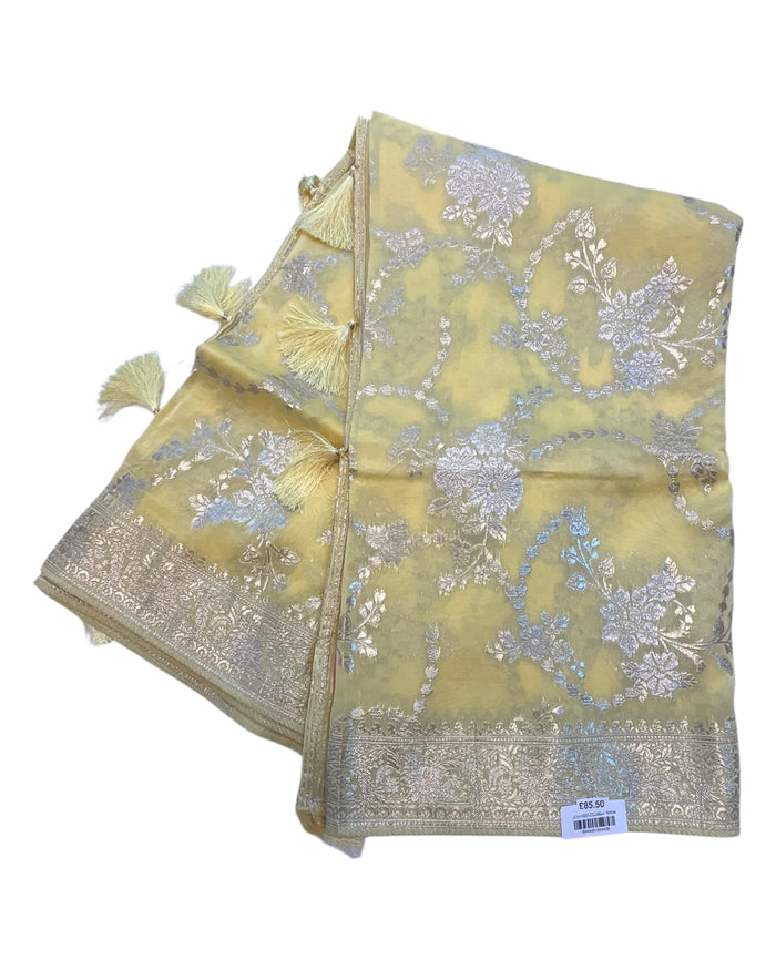 Lemon Yellow - Handloom  - Chiffon Banarasi Saree with Blouse Piece - JOH1602 10TT25