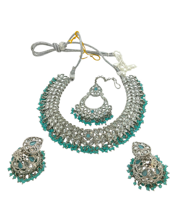 Light Blue - Large Size Silver Finish Necklace Set with Earrings & Tika (Head Piece) - UK Stock - GGA17 08KK25