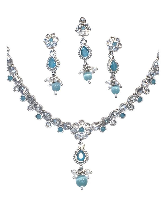 Light Blue - Small Size Silver Finish Necklace Set with Earrings & Head Piece /Tika- SLV78  11Ap24